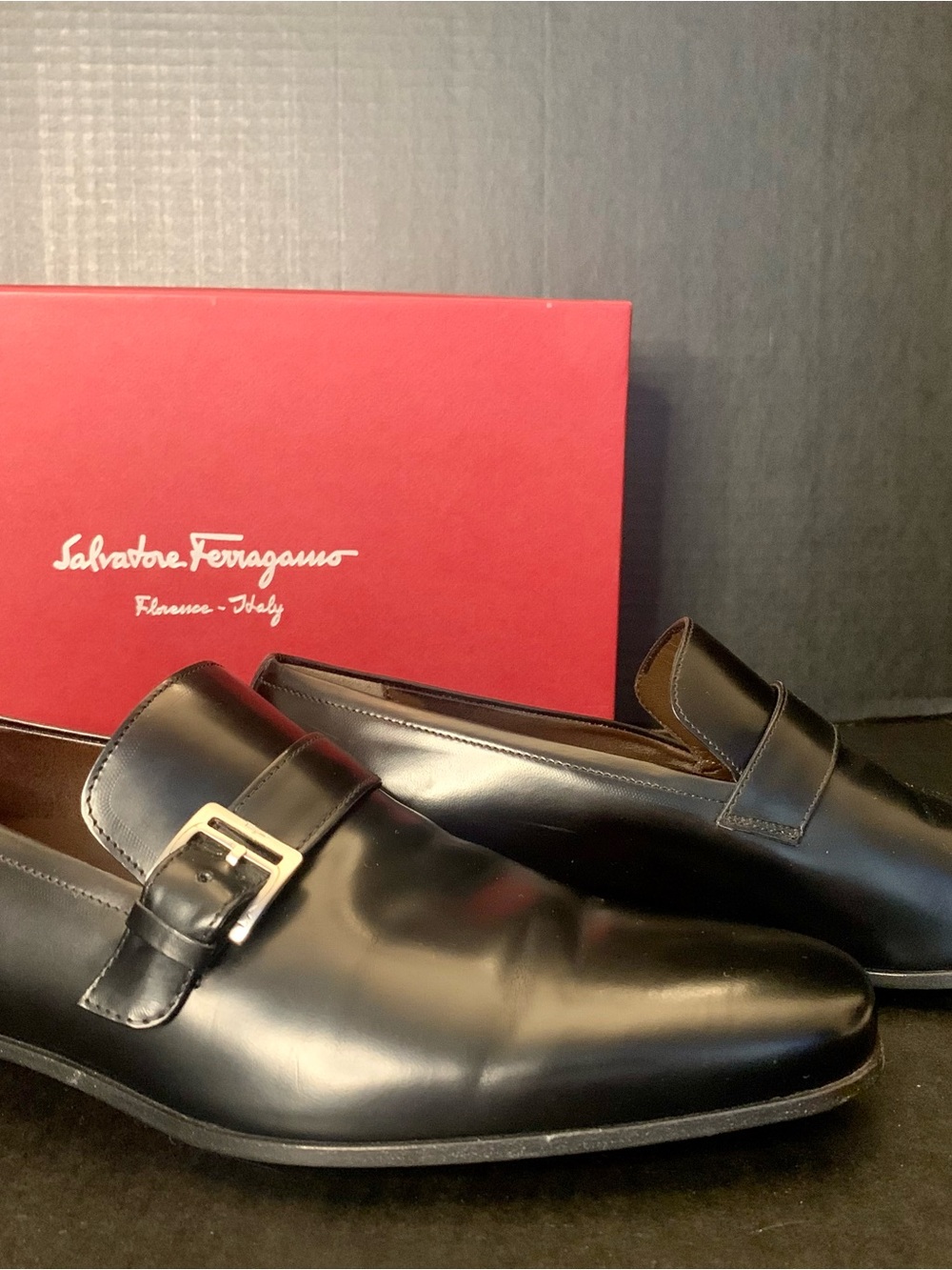 Salvatore Ferragamo Black Leather Buckle Slip-On Loafers